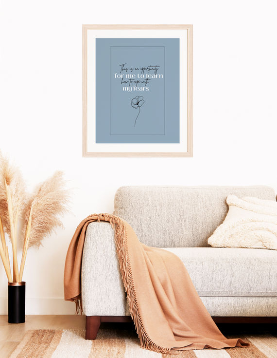 Blue framed poster: 'Be yourself, everyone else is taken'