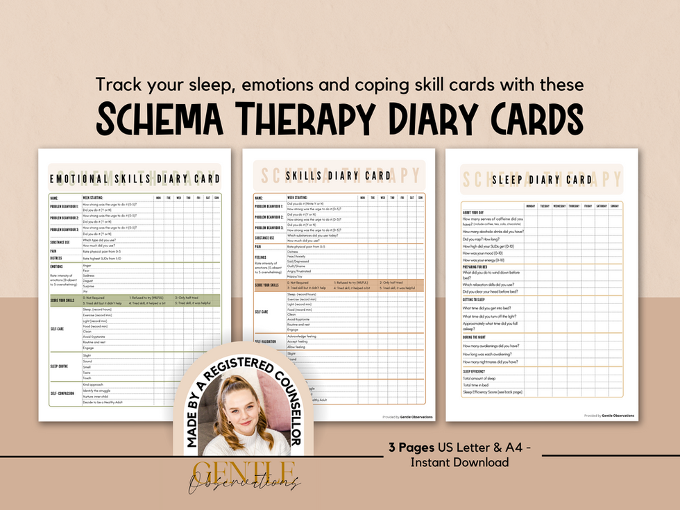 Schema Therapy Diary Cards for tracking sleep, emotions, and coping skills, made by a registered counsellor.