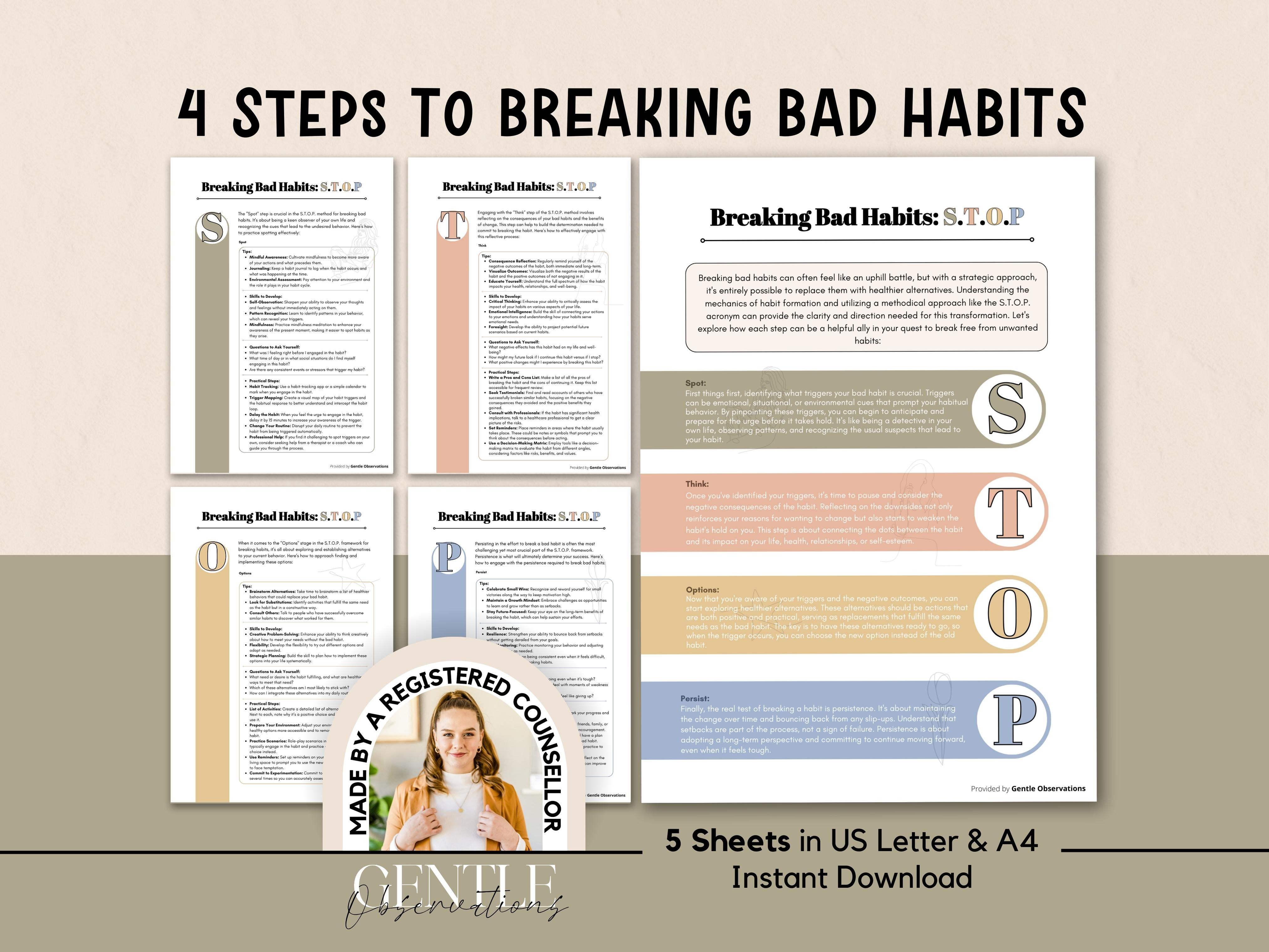 Breaking Bad Habits Worksheets - S.T.O.P - Acronym Psychoeducational Handout