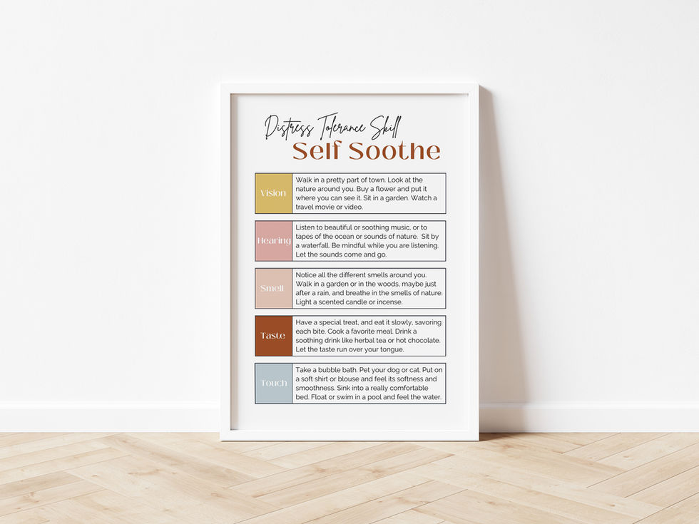 Self Soothe distress tolerance skill poster with 5 techniques