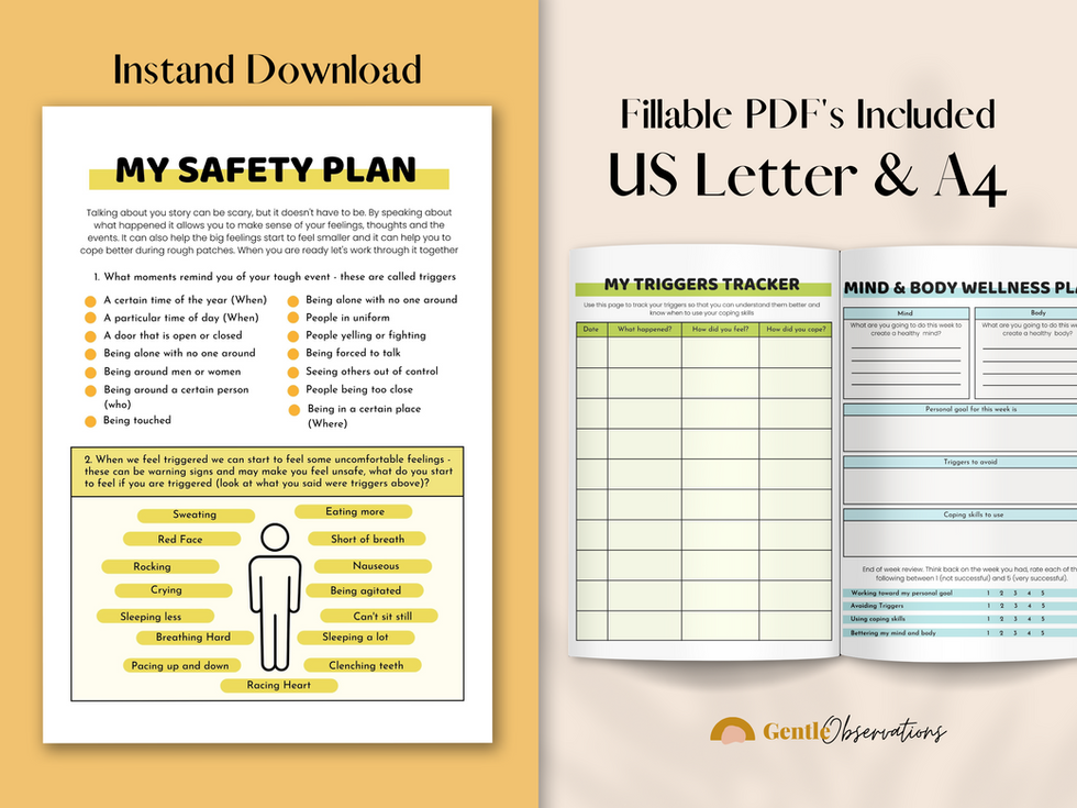 Trauma Poster 2: 'My Safety Plan' and 'My Triggers Tracker' documents.