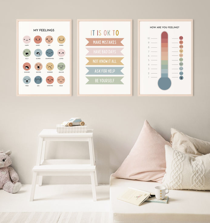 Posters with feelings chart, affirmations, and emotion thermometer
