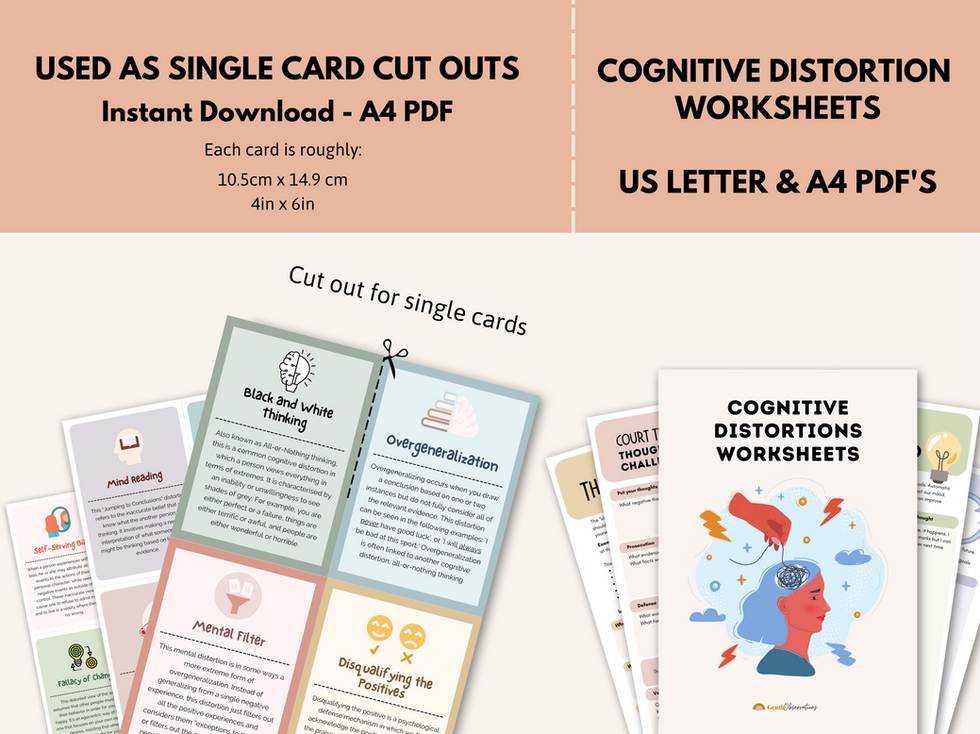 Cognitive Distortions worksheet and printable cards with examples.