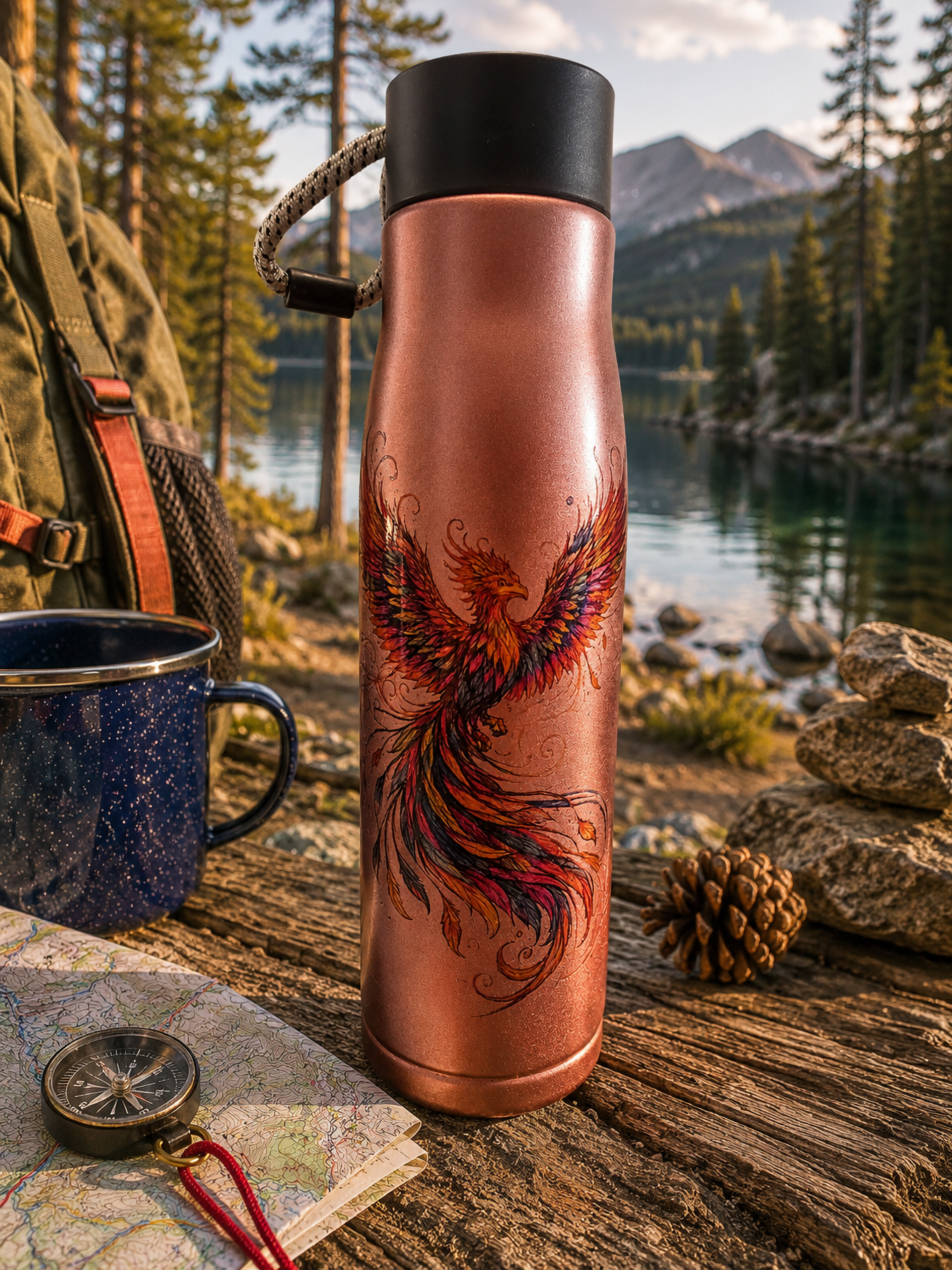 Rose gold stainless steel water bottle featuring original phoenix artwork, Wild Spirits Collection