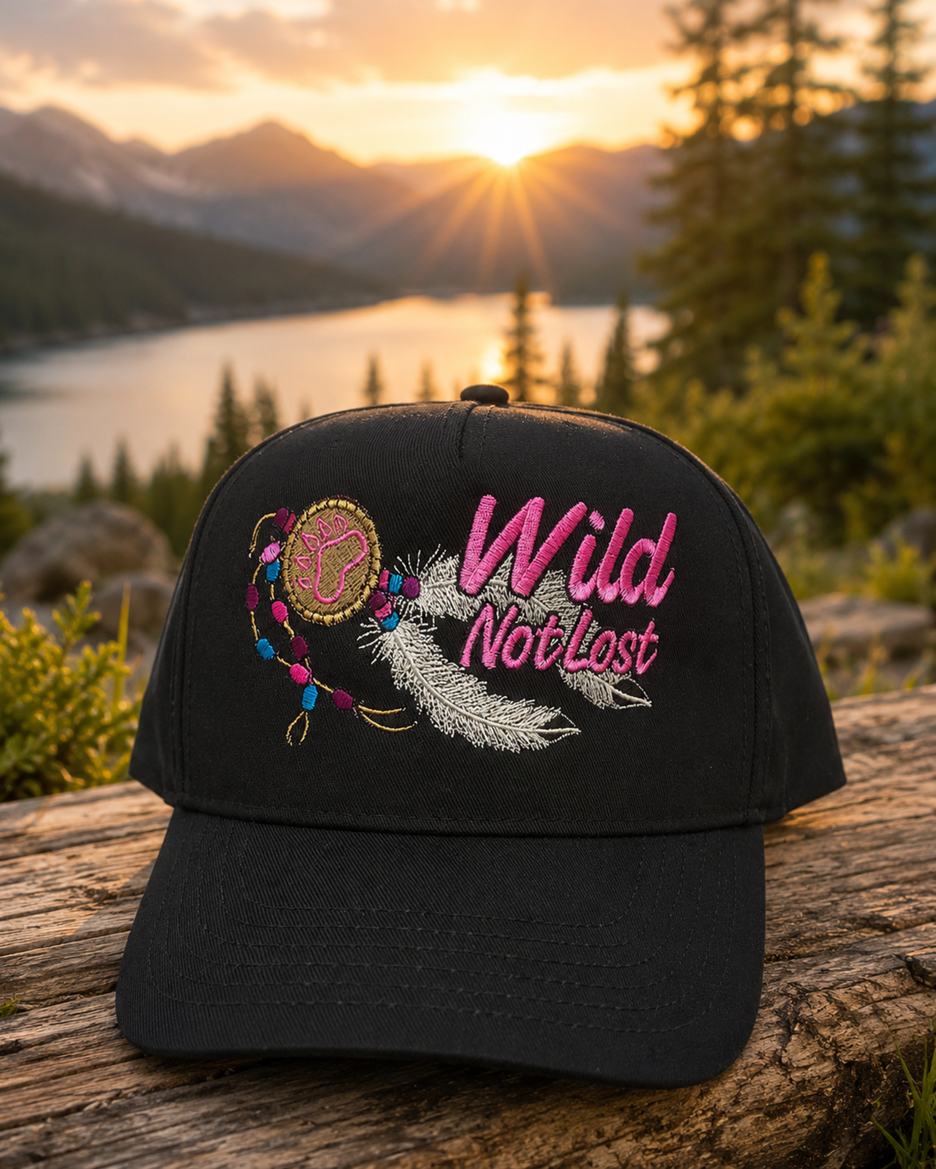 Black snapback ball cap with embroidered feather design