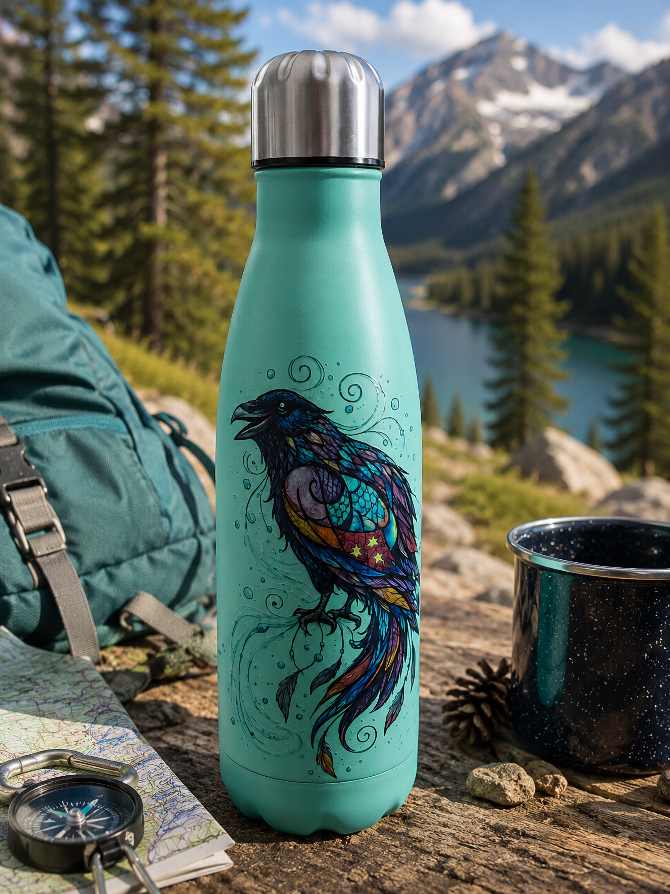 Mint stainless steel water bottle featuring original raven artwork, Wild Spirits Collection