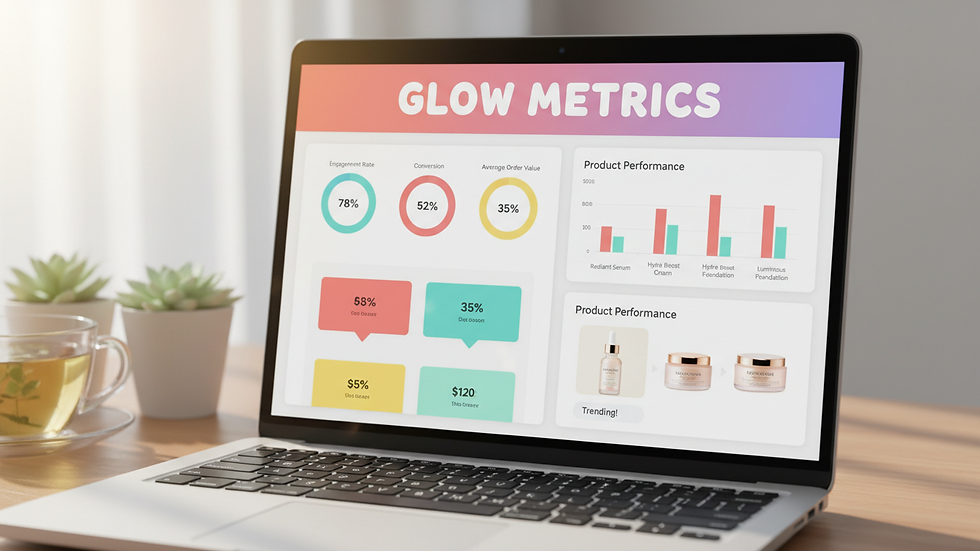 Close-up view of a laptop screen showing a beauty product marketing dashboard