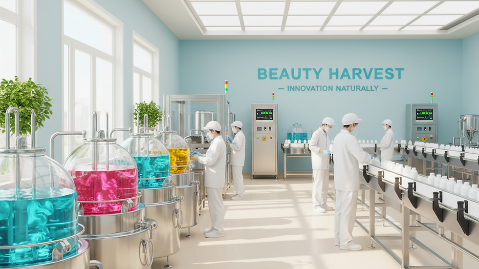Eye-level view of a modern beauty product manufacturing facility
