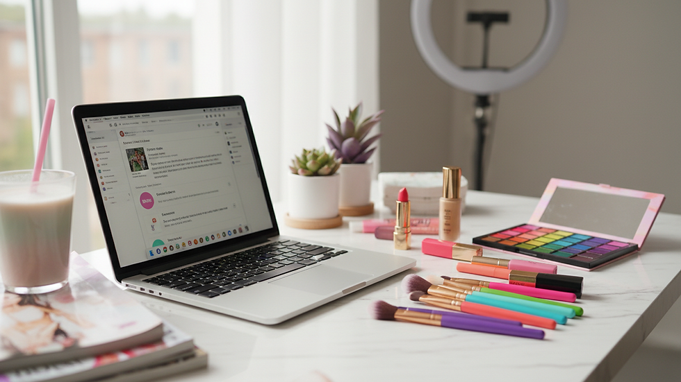Close-up view of a beauty influencer’s workspace with makeup products and a laptop