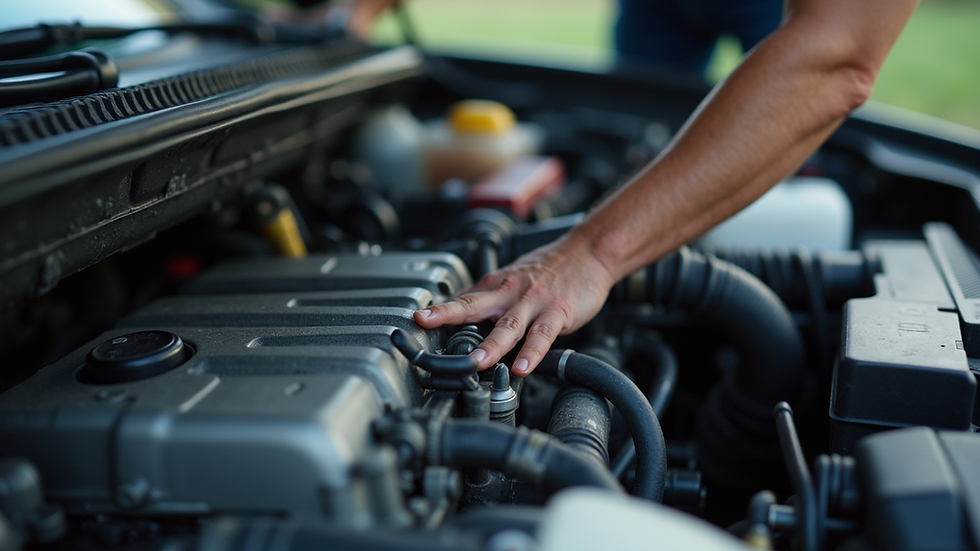 Close-up view of a mechanic working on a car engine outdoors