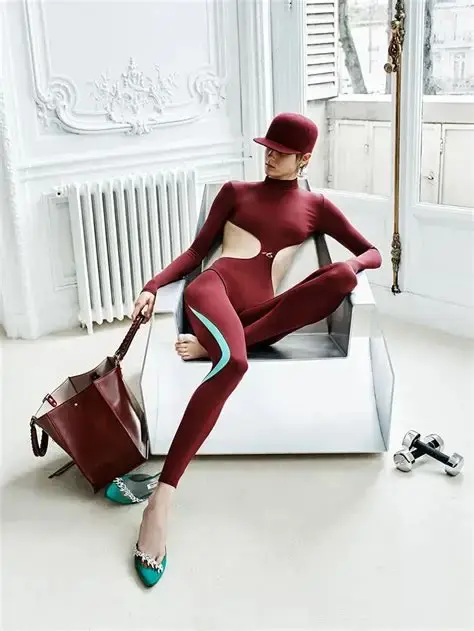 Woman in Balenciaga burgundy bodysuit and cap lounges in a white chair beside a handbag and dumbbell in a bright room.