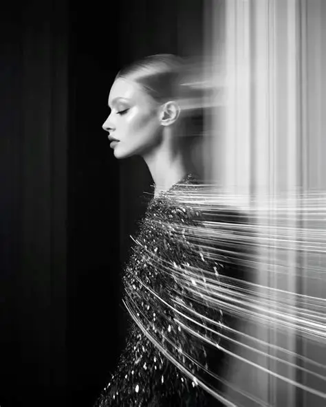 Long exposure fashion photograph - model in sparkling outfit with motion blur, showing multiple temporal layers.