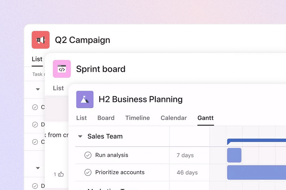 Asana project interface showing multiple saved tab views like List, Board, Timeline, Calendar, and Gantt — highlighting customizable workflows.
