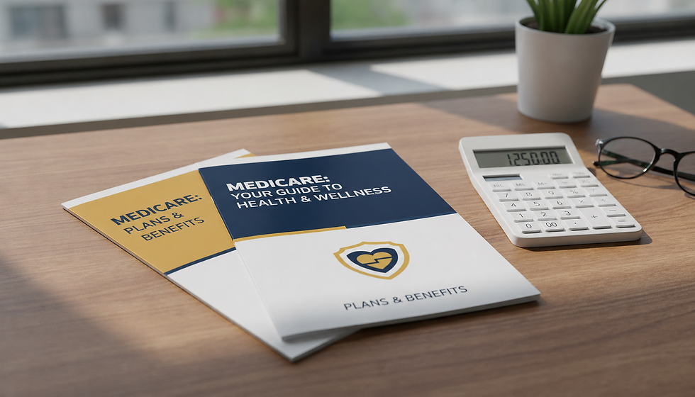 Eye-level view of a desk with Medicare brochures and a calculator