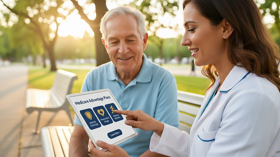 Close-up view of a healthcare provider explaining Medicare Advantage plan details to a senior