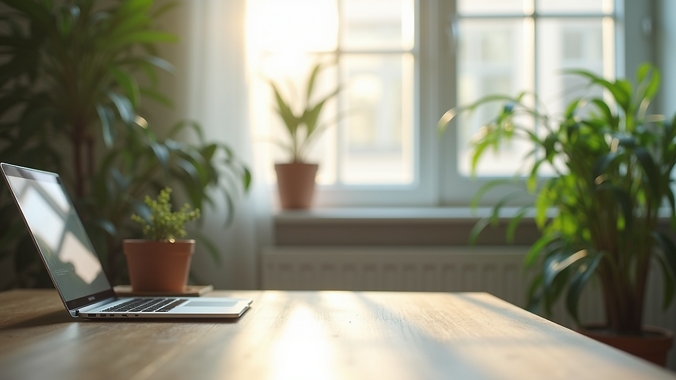 Eye-level view of a serene workspace with plants and a laptop