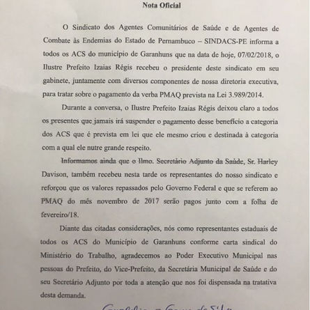 Prefeito de Garanhuns garante Pagamento do PMAQ (NOTA OFICIAL)