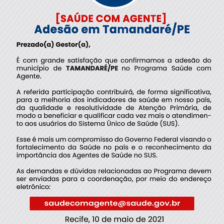 Município de Tamandaré/PE confirma adesão ao Programa Saúde com Agente