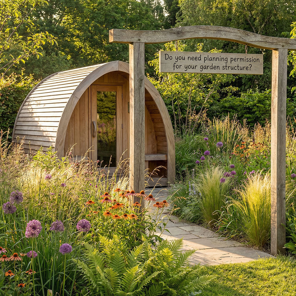 Wooden garden pod in lush setting with wildflowers. A wooden sign reads: "Do you need planning permission for your garden structure?"