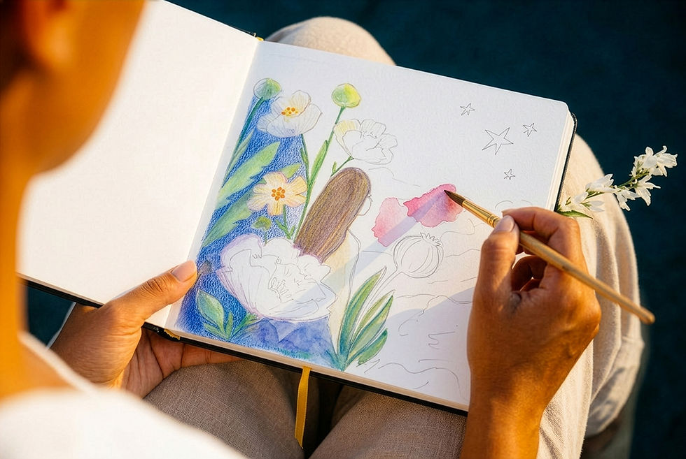 Hands paint flowers and stars in an open sketchbook on their lap, with a calm, creative mood and white blossoms nearby.