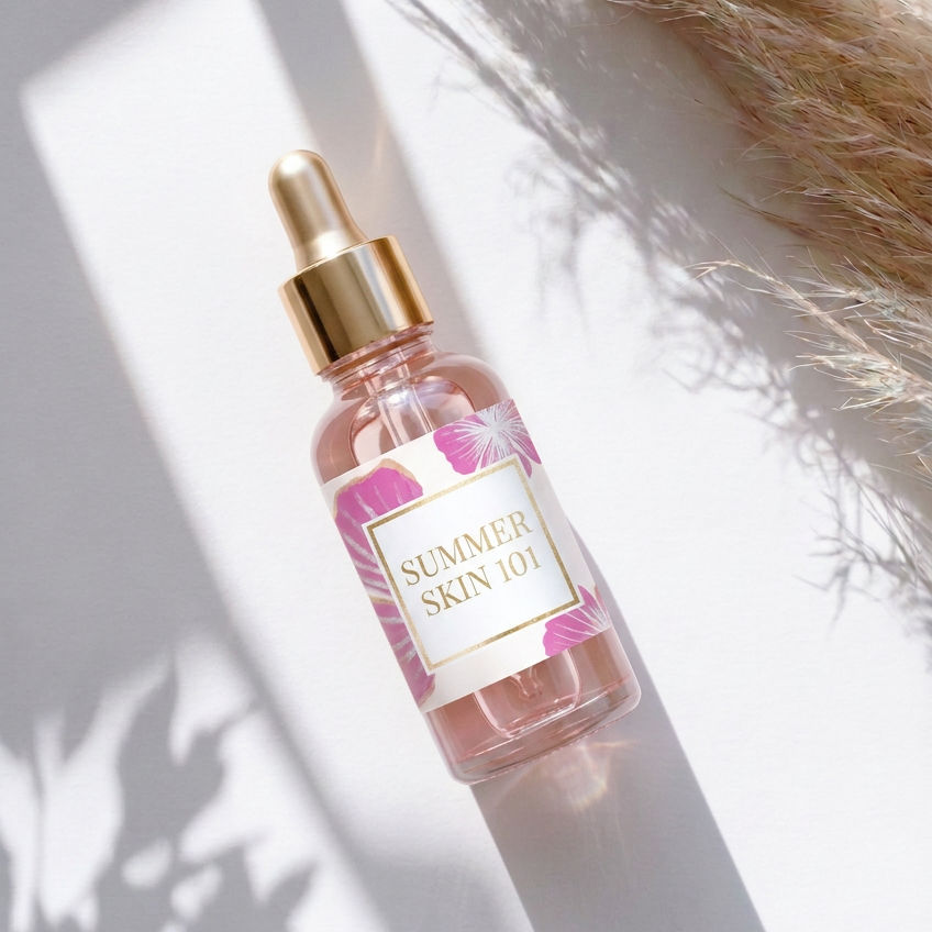 Pink dropper serum bottle labeled Summer Skin 101 on a white surface, lit by soft shadows with dried grass nearby.