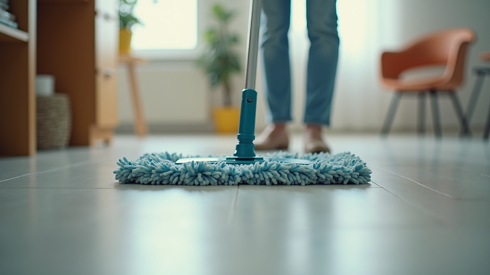 Eye-level view of a person mopping a vinyl floor with a microfiber mop