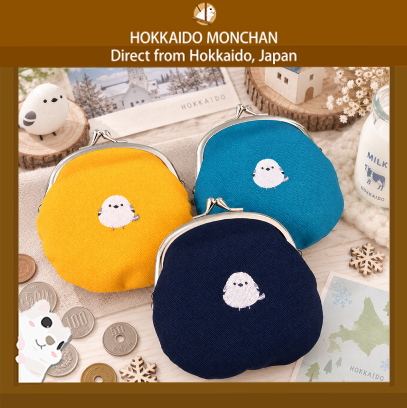 北海道雪之妖精「銀喉長尾山雀」刺繡復古口金零錢包 日本製 帆布收納包