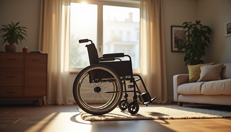 Eye-level view of a lightweight wheelchair positioned in a cozy living room corner