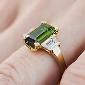 Green Emerald Cut Tourmaline and Diamonds Engagement Ring