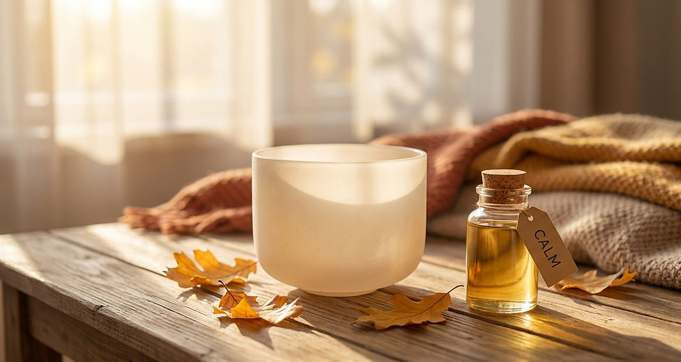 Bol chantant, flacon d'huile de massage étiqueté 'Calm' et feuilles d'automne sur fond boisé, symbolisant l'harmonisation énergétique et le bien-être au cabinet de Lisle-sur-Tarn.