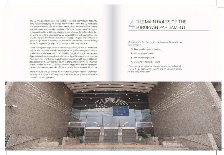 Informative spread with high-angle photo of Parliament interior and explanation of EU legislative roles.