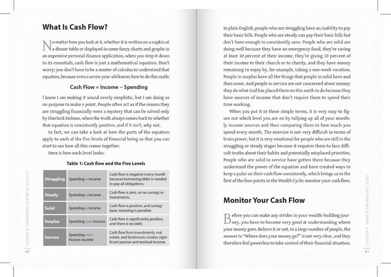 Interior layout samples from a business non-fiction book, featuring structured text, section headings, pull quotes, diagrams, and tables. The design uses a clean black-and-white aesthetic with a professional, readable layout that supports educational content on personal finance, wealth building, and money management.