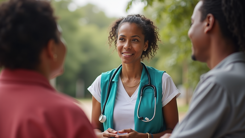 Eye-level view of a community health worker engaging with local residents