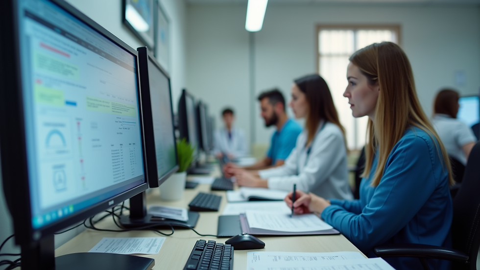 Eye-level view of a medical billing office with computer screens