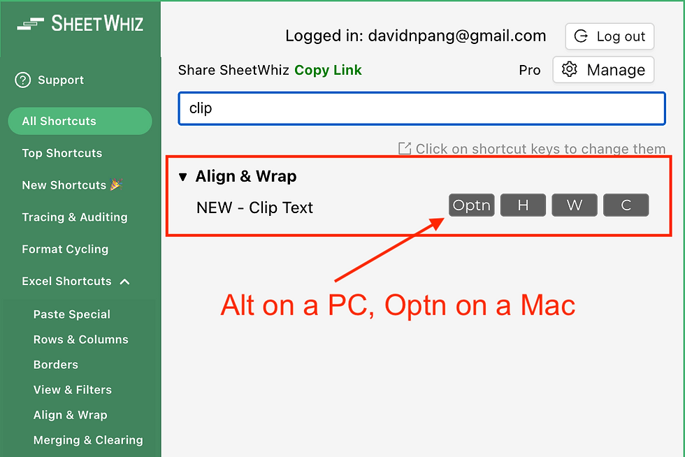Clip text keyboard shortcut in the SheetWhiz menu.