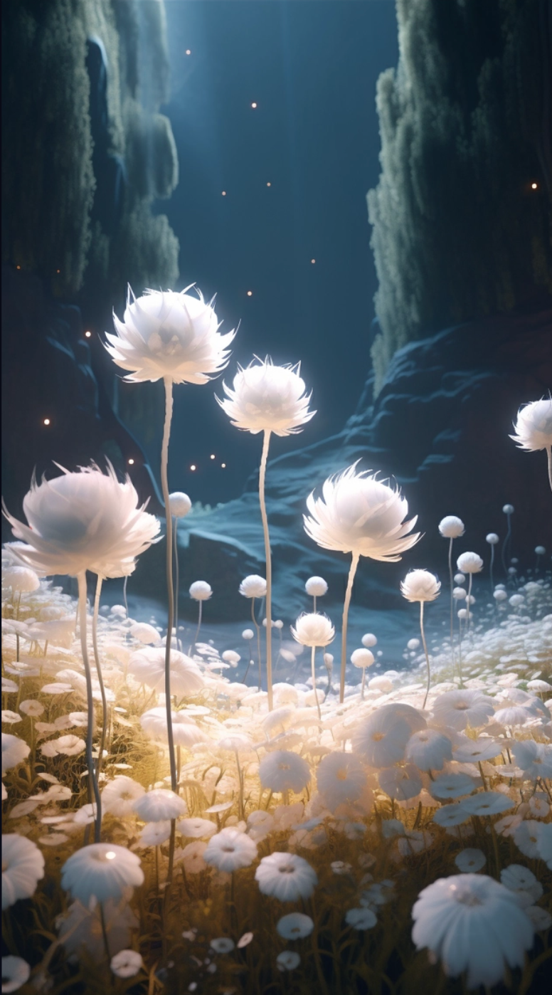 AI-generated mystical night with white flowers
