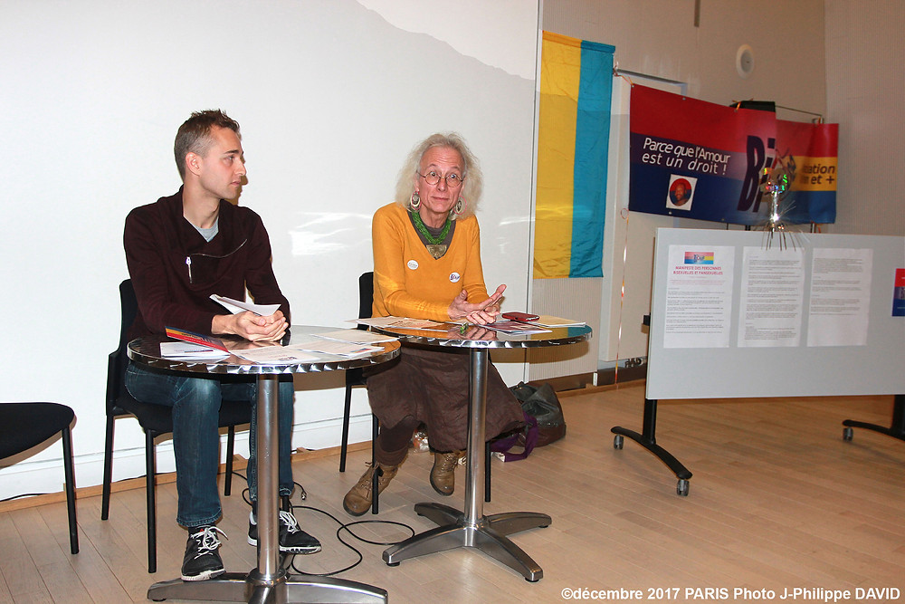 Christophe Madrolle et Vincent-Viktoria lors de la présentation du Manifeste des Personnes Bisexuelles et Pansexuelles.