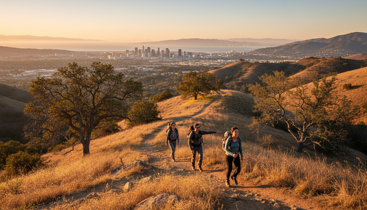 Wide-angle view of hikers on a San Jose foothill trail