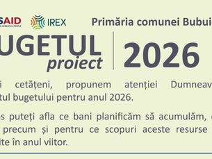 🟦 ANUNȚ privind inițierea consultărilor publice asupra proiectului de decizie „Cu privire la aprobarea bugetului Primăriei comunei Bubuieci pentru anul 2026 în prima și a doua lectură”