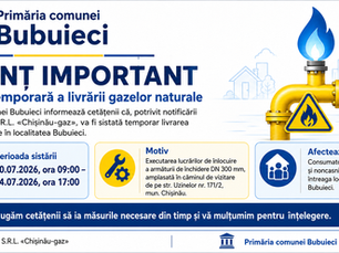 ANUNȚ IMPORTANT: privind sistarea temporară a livrării gazelor naturale în localitatea Bubuieci