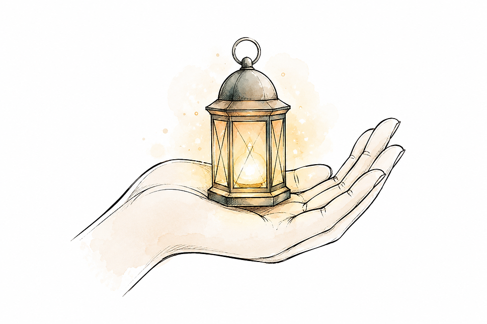 Minimalist line art of a glowing lantern in a cupped hand, symbolizing privacy and safety in out-of-network therapy.