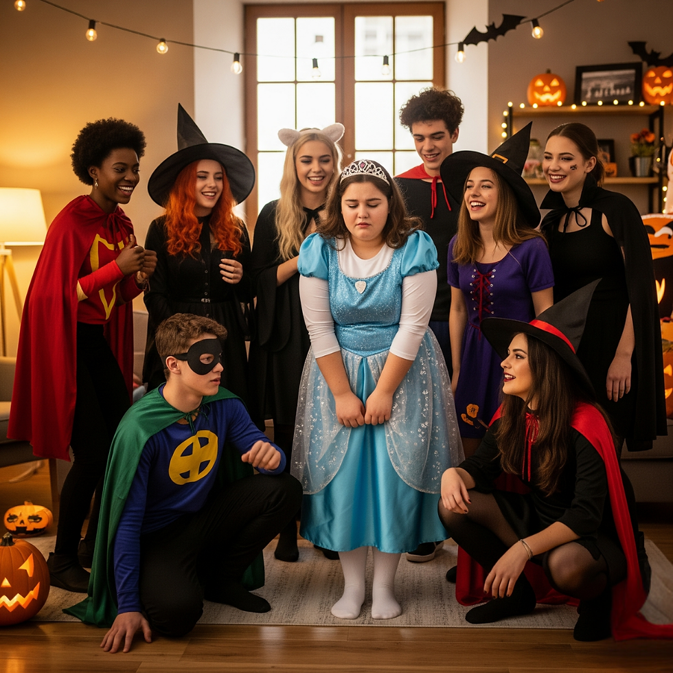 Teens in Halloween costumes with one teen looking self-conscious, showing body image anxiety during Halloween. Therapy at La Jolla Therapy Center can help.