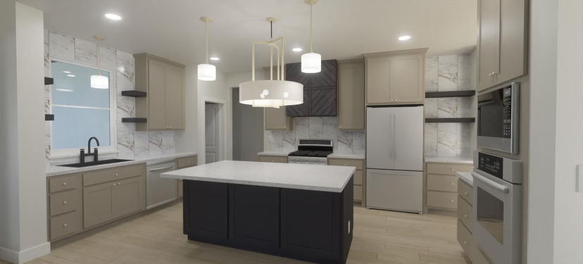 Kitchen, window over sink, warm tan paint, sleek black accents, clean white countertops