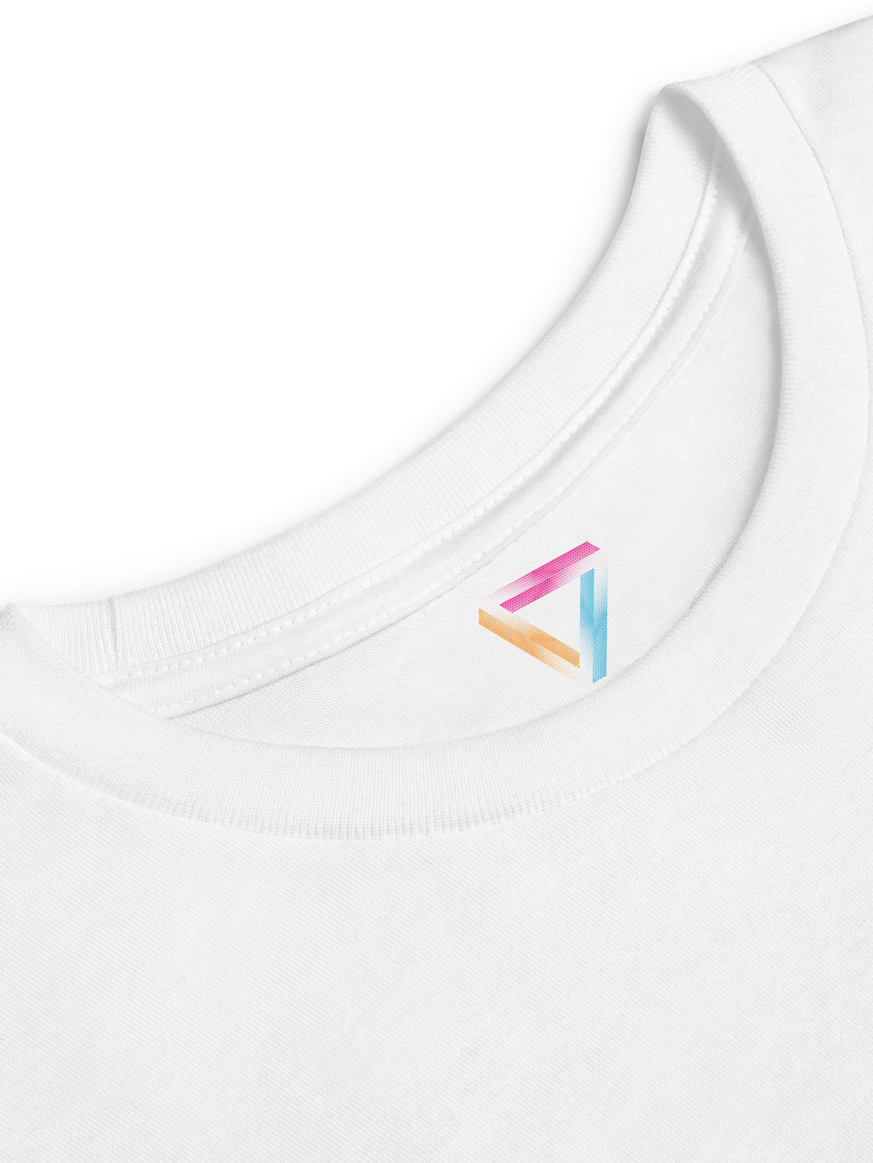 Close-up of the collar on a white Ethlete Lab Academy video game competition T-shirt, featuring a colorful logo tag.