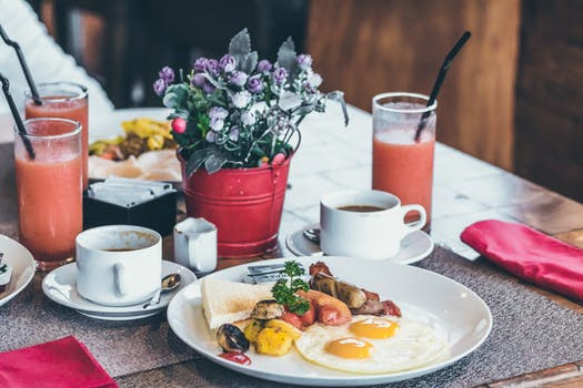 Breakfast meal and drinks on a restaurant table