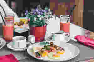 Breakfast meal and drinks on a restaurant table