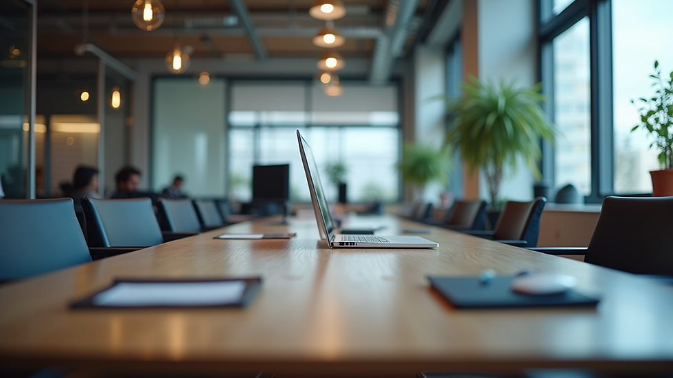 Eye-level view of a modern office workspace with digital collaboration tools