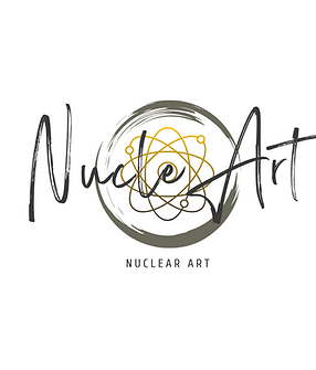 Nuclear Art lgo, a grey circle with atom inside with a yellow and grey ombre. The words "Nucle Art: appear over the cicle
