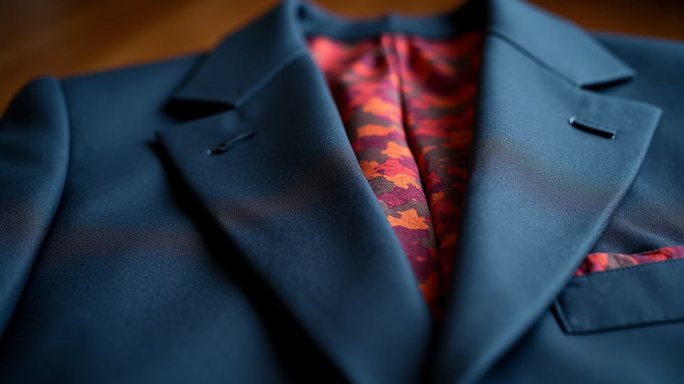 High angle view of a bespoke suit jacket with colorful lining
