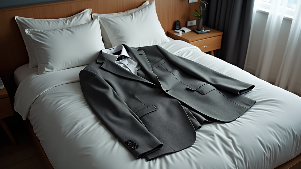 High angle view of a grey three-piece suit laid out on a bed